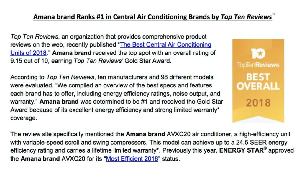 Amana brand Ranks #1 in Central Air Conditioning Brands by Top Ten ReviewsTM