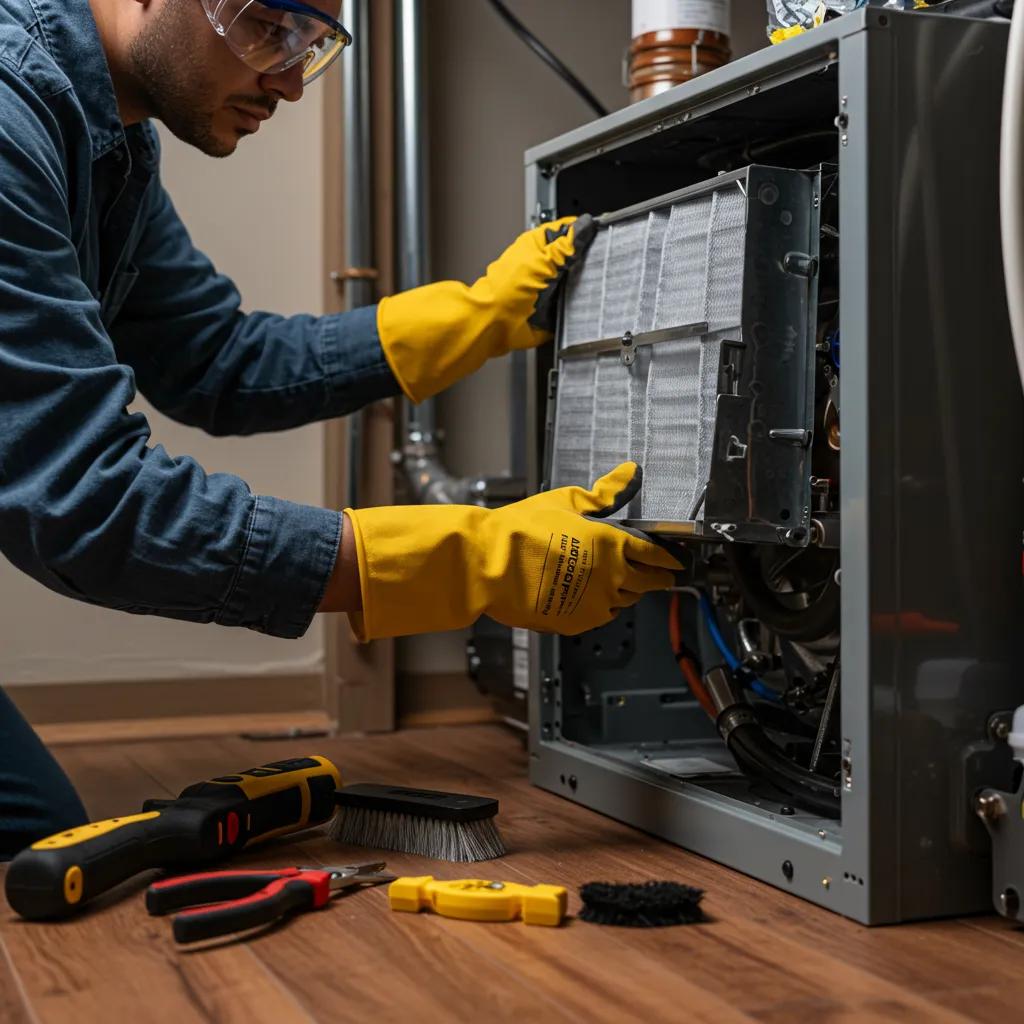 Individual safely replacing an air filter in a furnace, demonstrating DIY maintenance tasks