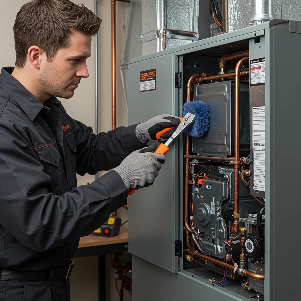Technician inspecting a furnace during a professional cleaning process, showcasing expertise and safety