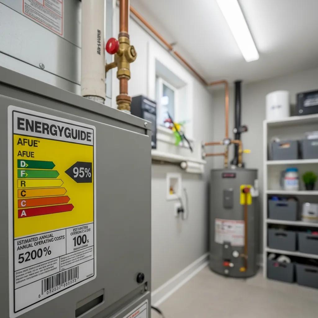 High-efficiency furnace showcasing energy rating label in a utility room, highlighting energy savings