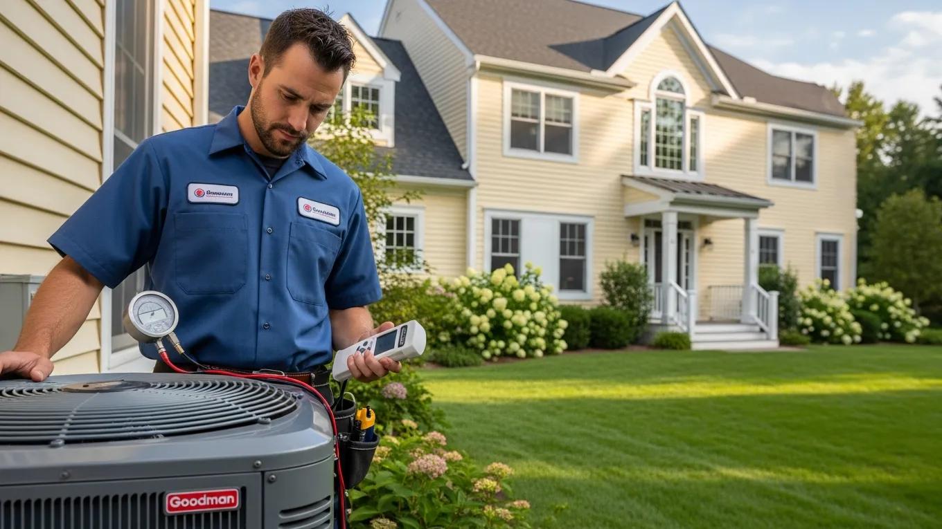 HVAC technician inspecting air conditioning unit for indoor air quality