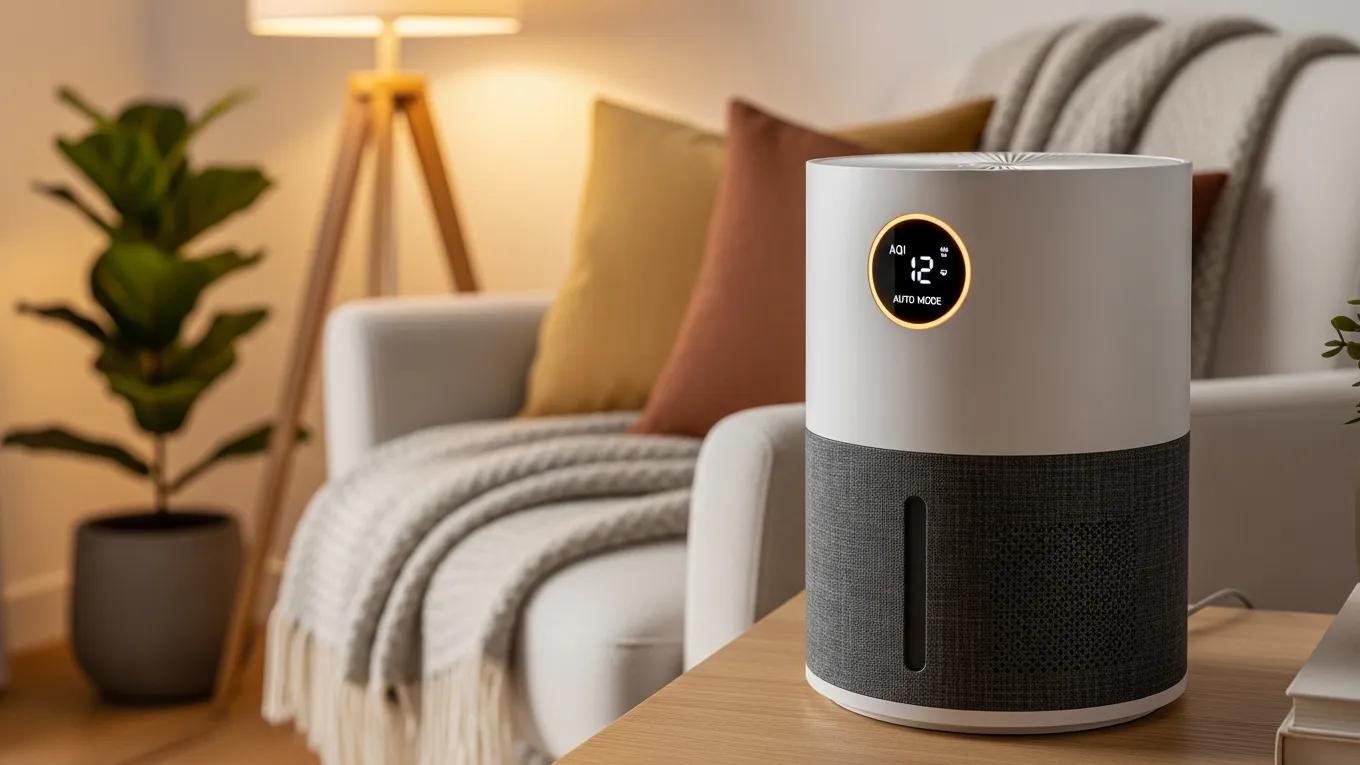 Modern air purifier in a stylish home setting highlighting energy efficiency
